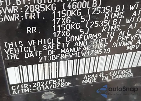 2014 Toyota Rav4 Le из США, поврежденный, VIN 2T3BFREV1EW179619